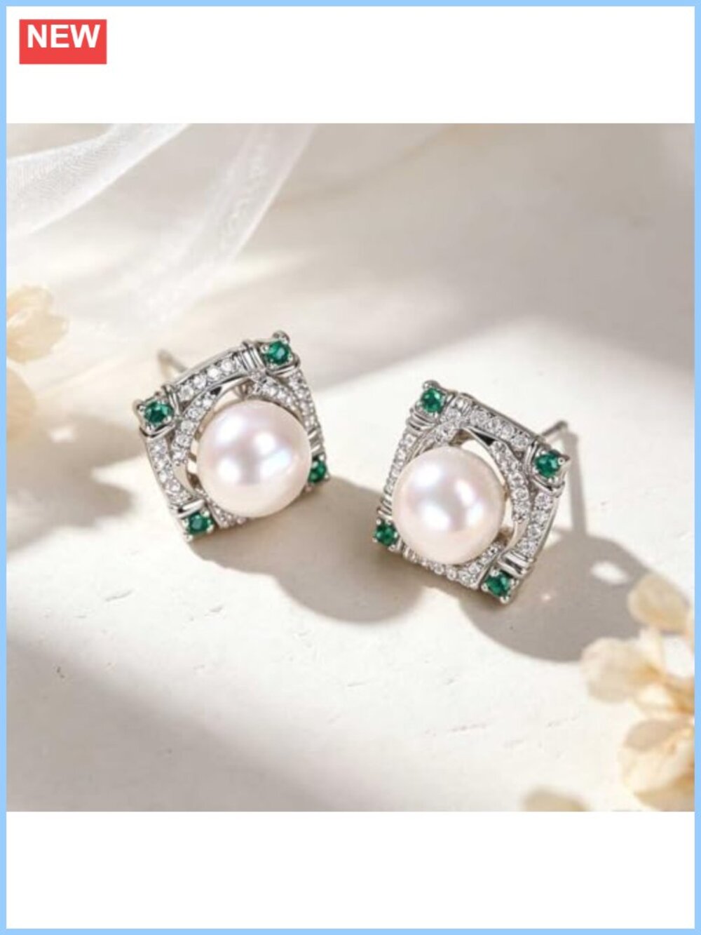 Silver Square Freshwater Pearl Earrings Cubic Zirconia Emerald Art Deco